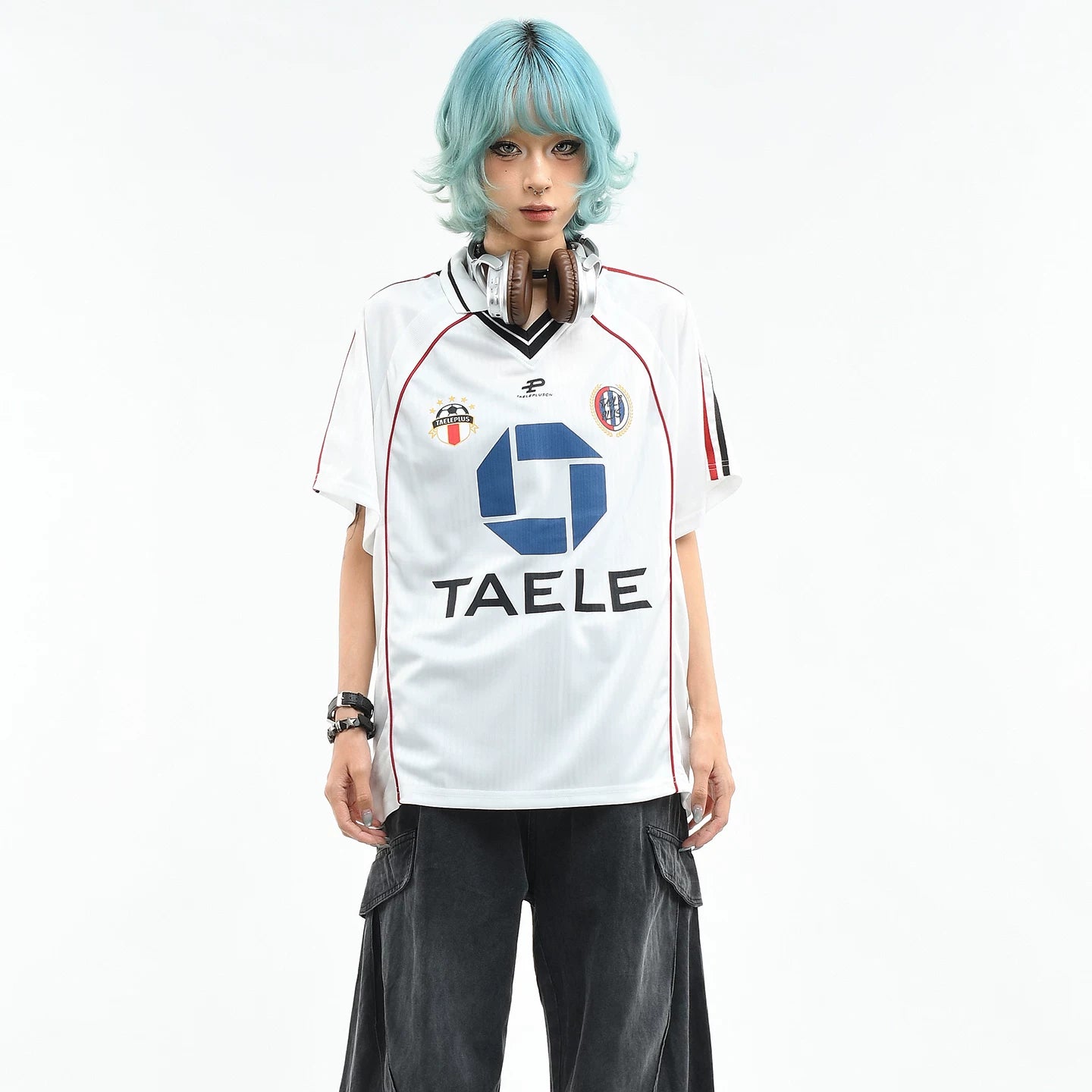 OV original American retro contrasting color jersey sports short sleeved T-shirt women's summer loose V-neck casual couple top men