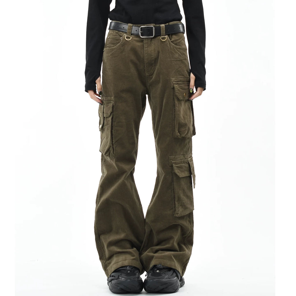 OV original American retro corduroy distressed micro flared casual pants for men and women slim fit multi pocket workwear pants trendy