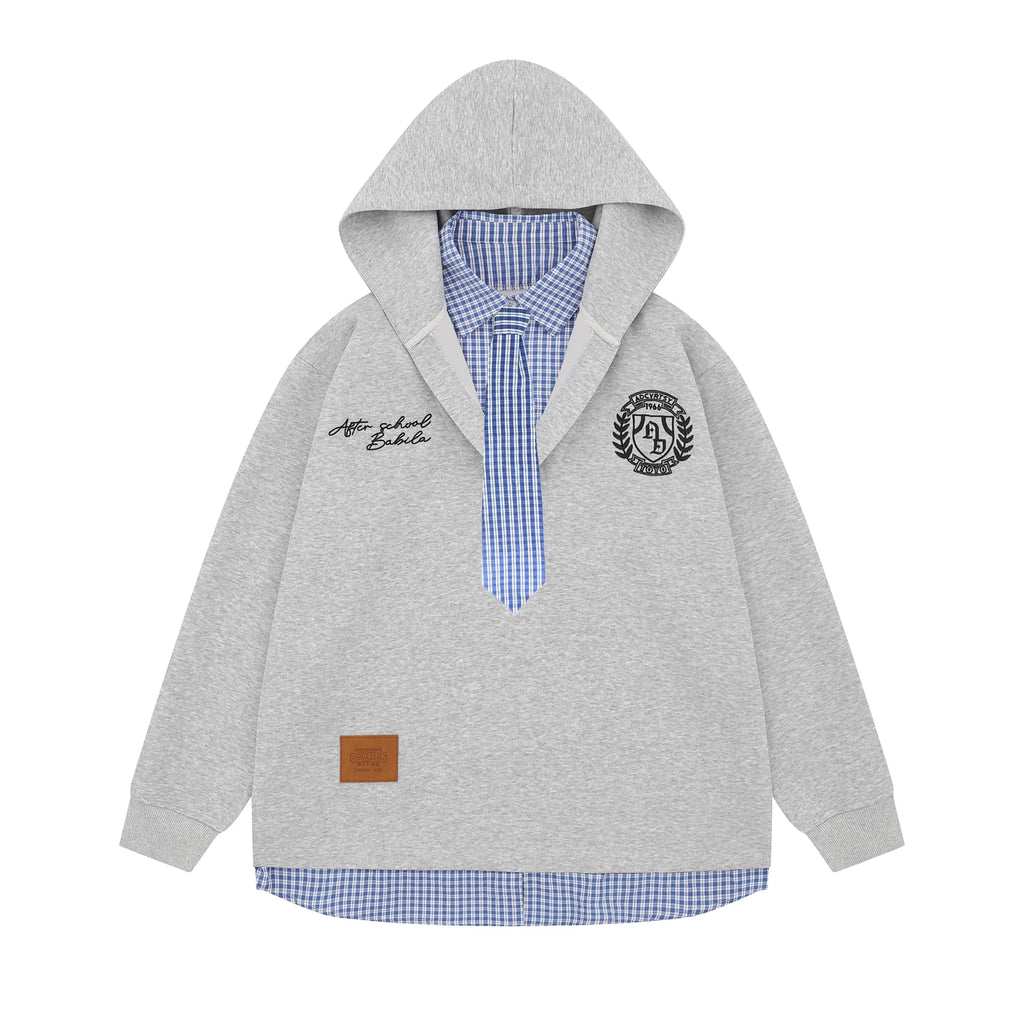 OV original American plaid fake two-piece spliced tie hooded sweatshirt for men and women, autumn college style casual jacket trendy