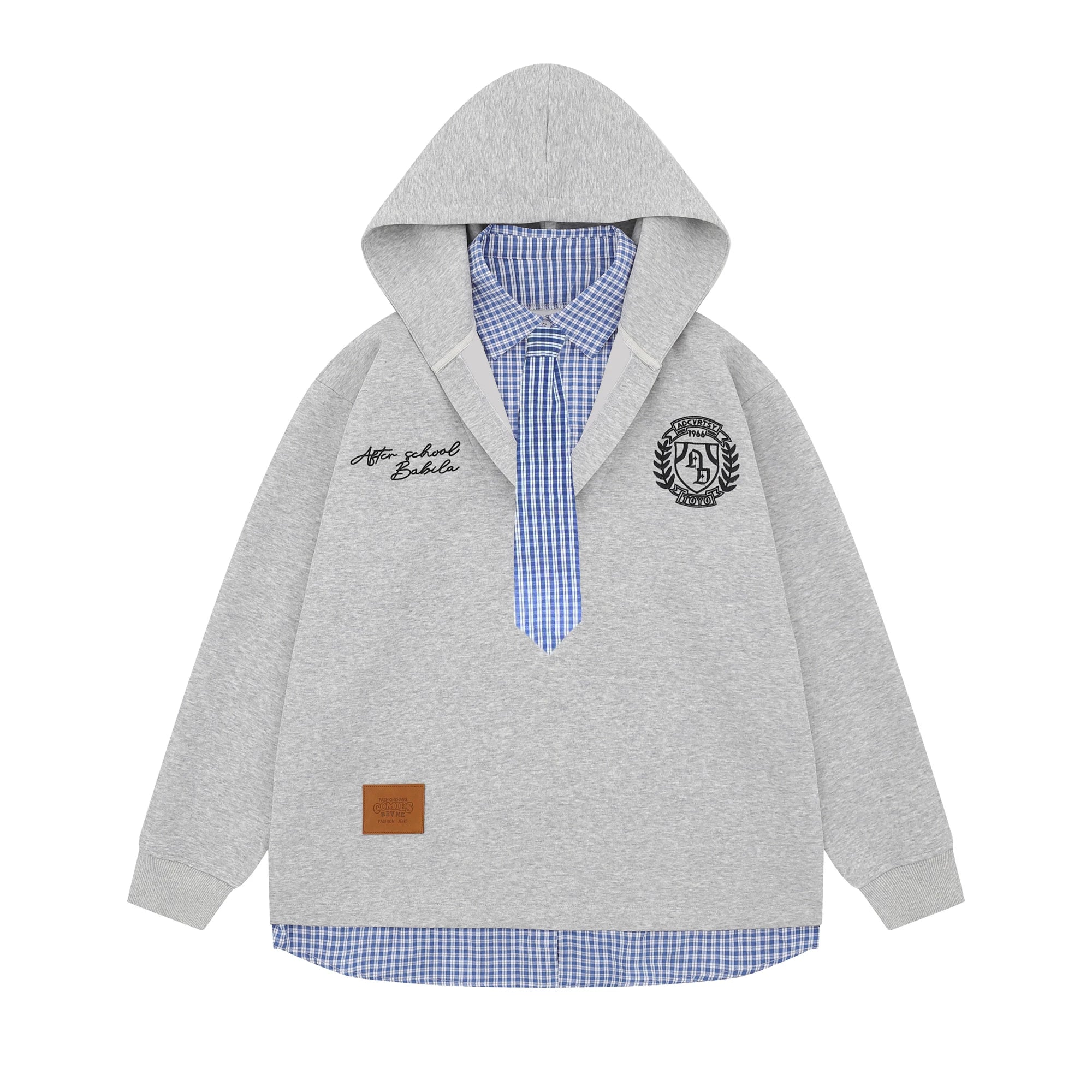 OV original American plaid fake two-piece spliced tie hooded sweatshirt for men and women, autumn college style casual jacket trendy