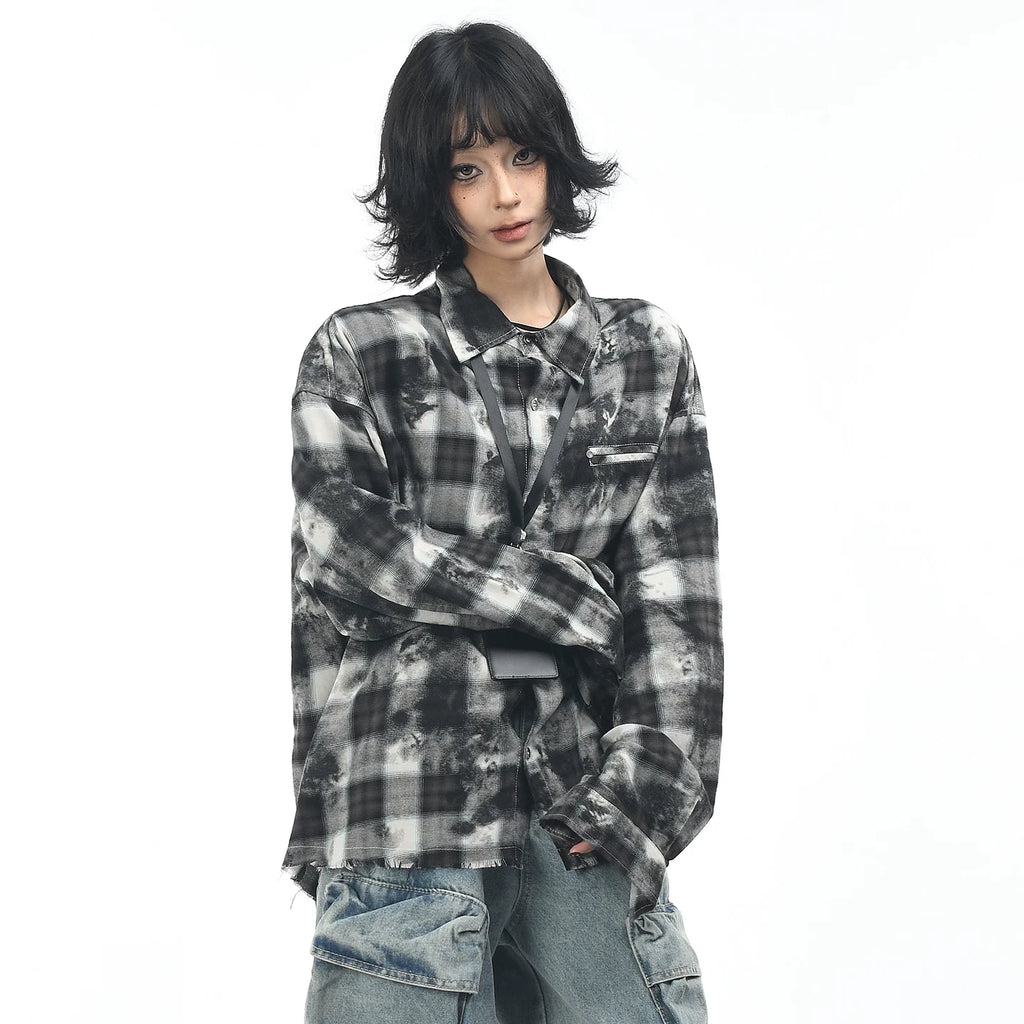 OV original American retro plaid tie dye vintage long sleeved shirt for men and women in autumn, loose and casual, fringed shirt trend