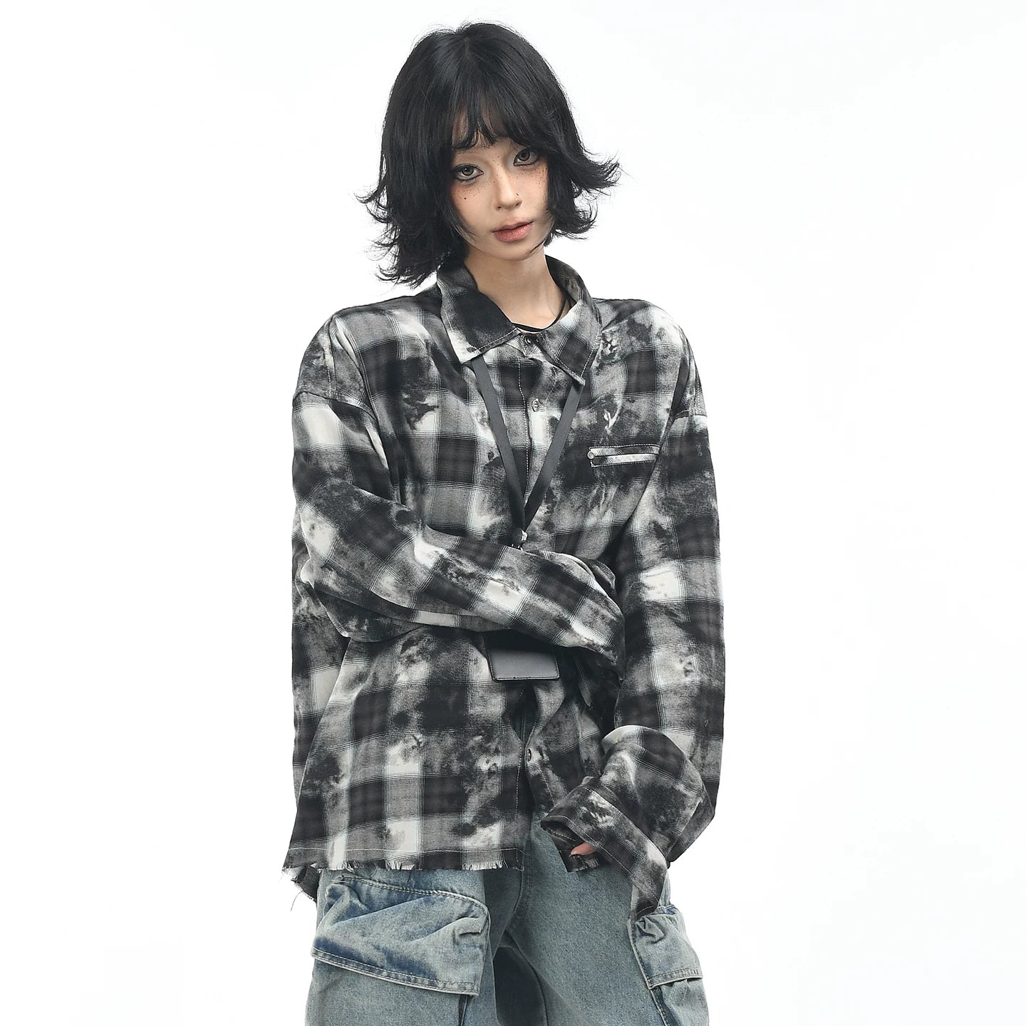 OV original American retro plaid tie dye vintage long sleeved shirt for men and women in autumn, loose and casual, fringed shirt trend