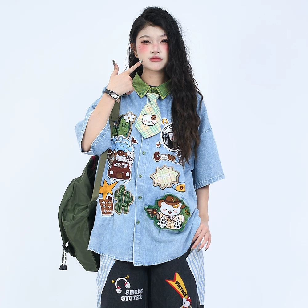 OV original summer cartoon sticker embroidery distressed washed denim shirt men's and women's loose short sleeved tie shirt trend