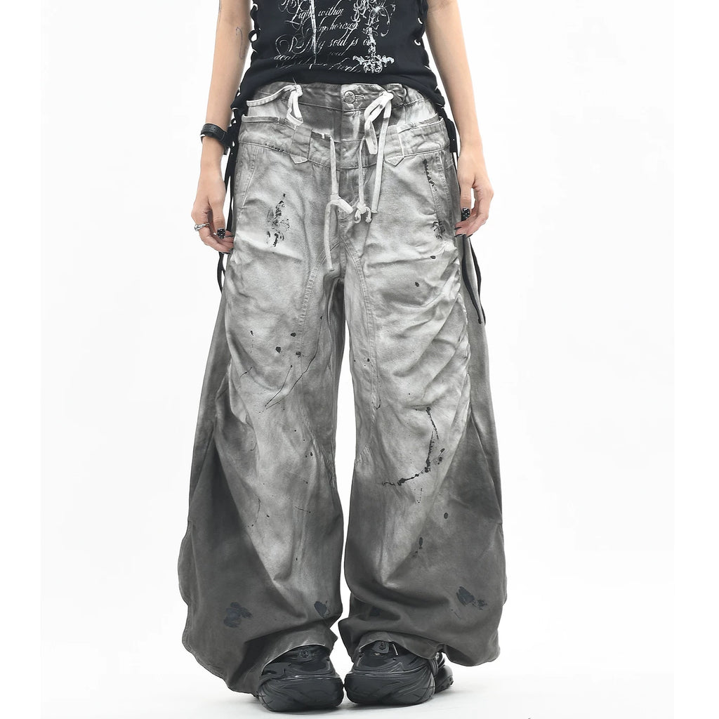 OV original light Asian wasteland style splashed ink dirty dye made old casual pants for men and women loose double waisted drawstring curved knife pants
