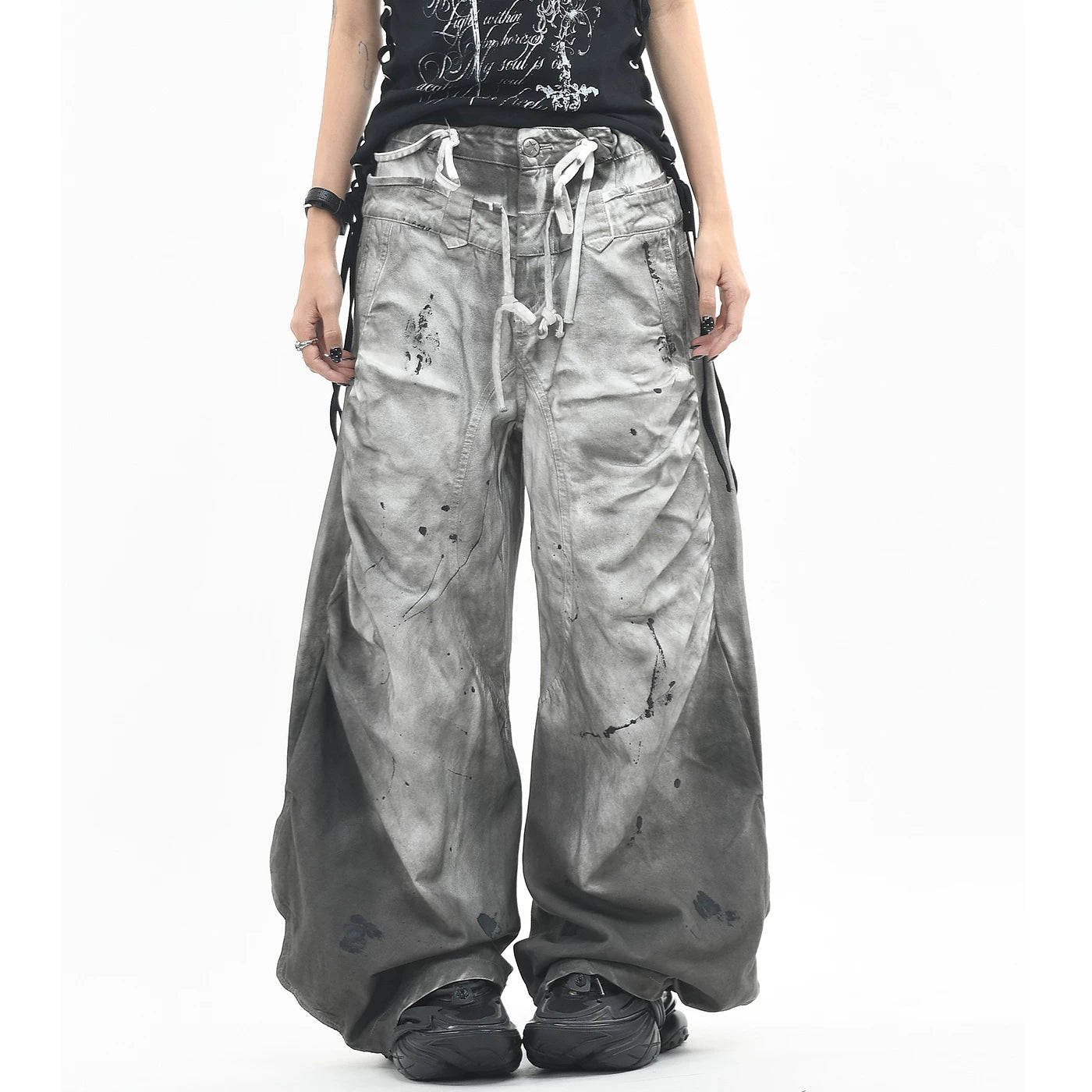 OV original light Asian wasteland style splashed ink dirty dye made old casual pants for men and women loose double waisted drawstring curved knife pants