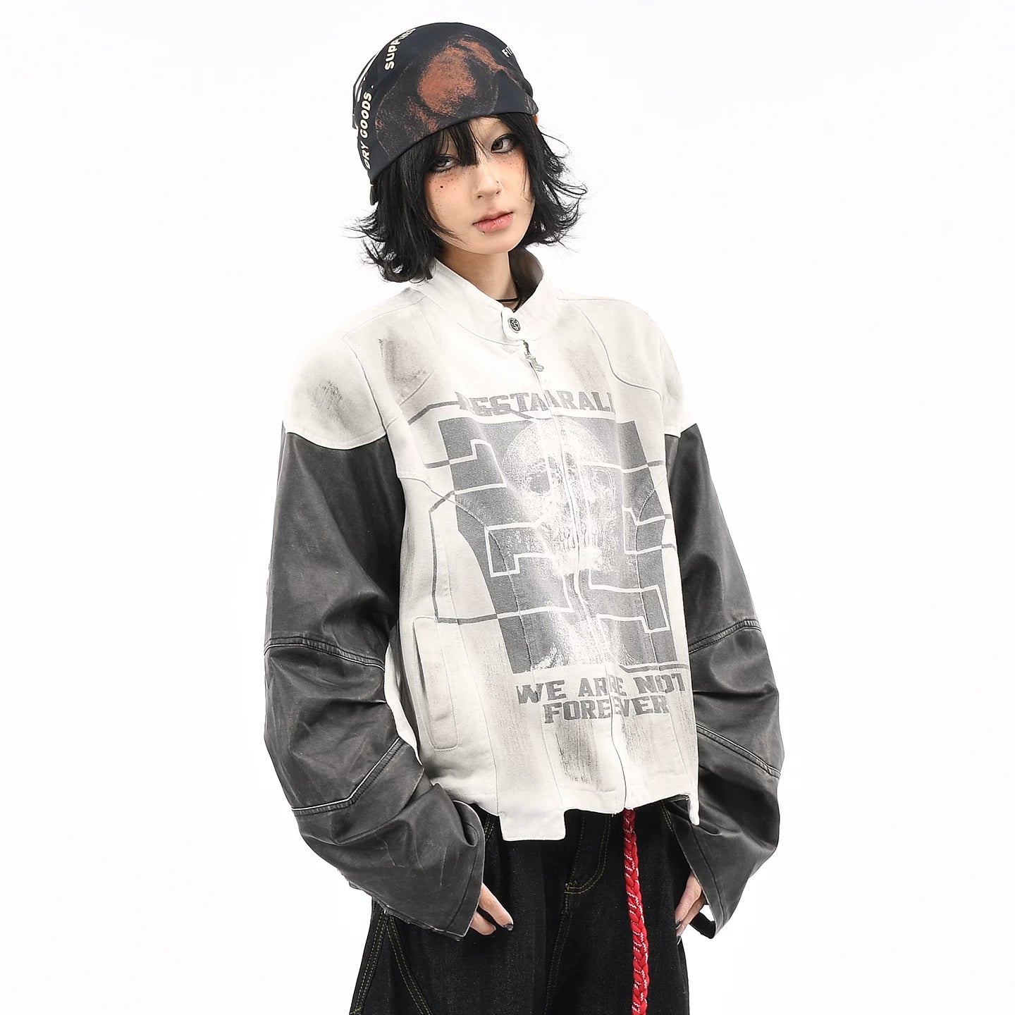 OV original American retro skull print motorcycle racing jacket for women, autumn short style, cool and dirty dyed jacket for men