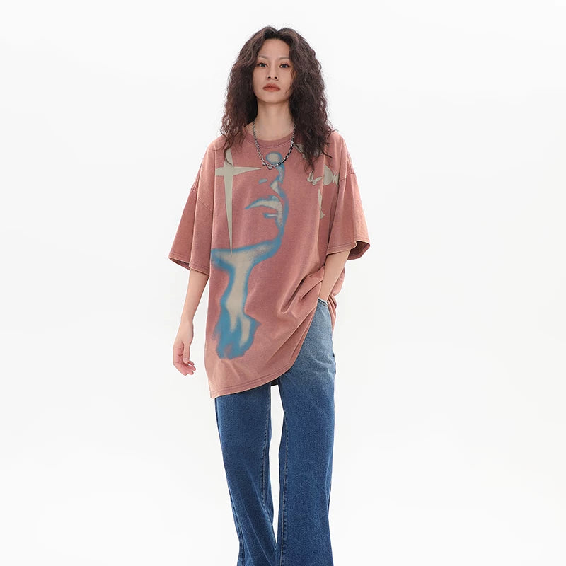 OV original high street retro face print distressed washed short sleeved T-shirt for men and women summer hip-hop loose half sleeved tee