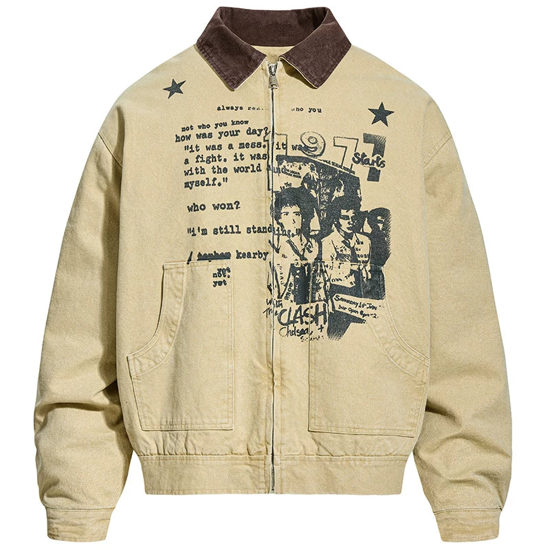 OV Original American Retro Character Printed Detroit Velvet Jacket Women's Winter Loose Vintage Warm Cotton Jacket Men