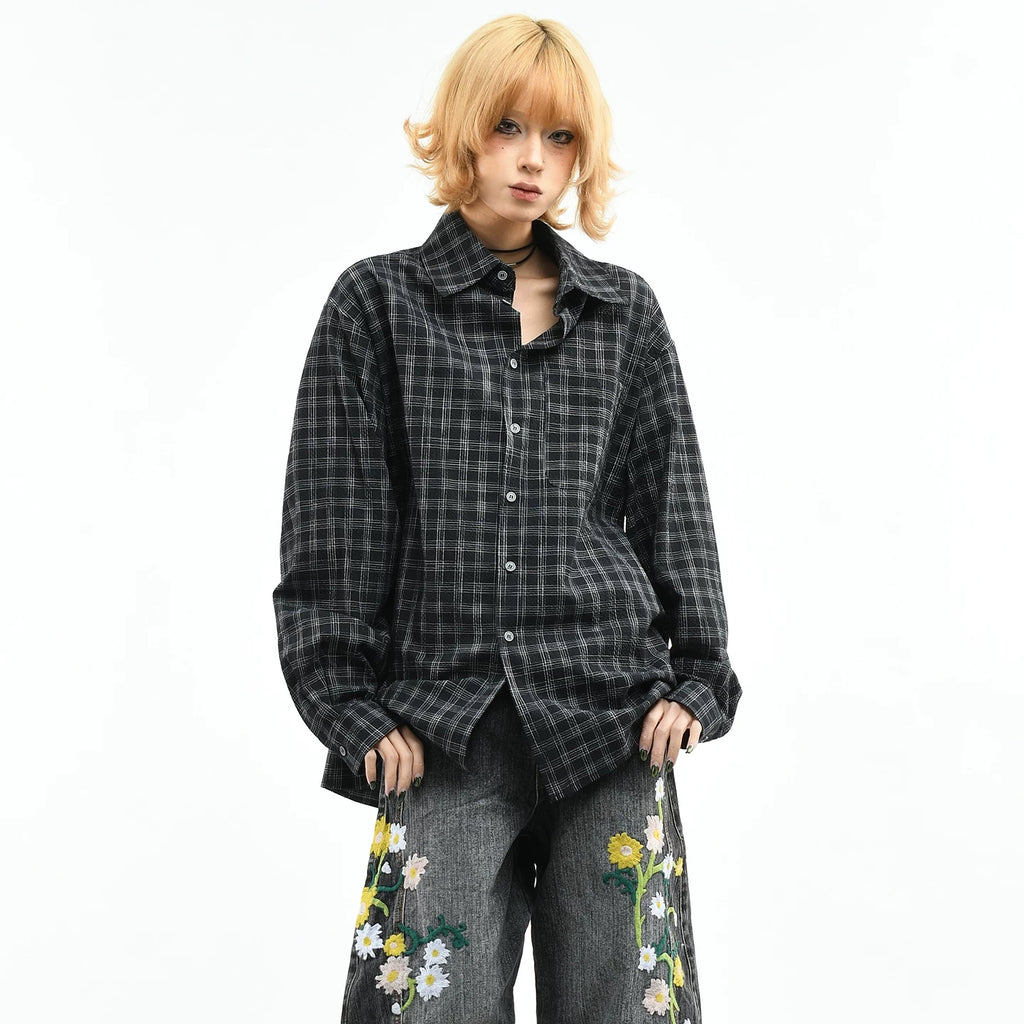 OV original American retro black checkered long sleeved shirt for women in spring, loose and high-end casual versatile shirt for men
