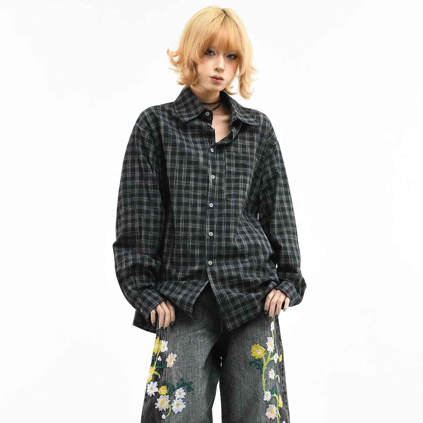 OV original American retro black checkered long sleeved shirt for women in spring, loose and high-end casual versatile shirt for men