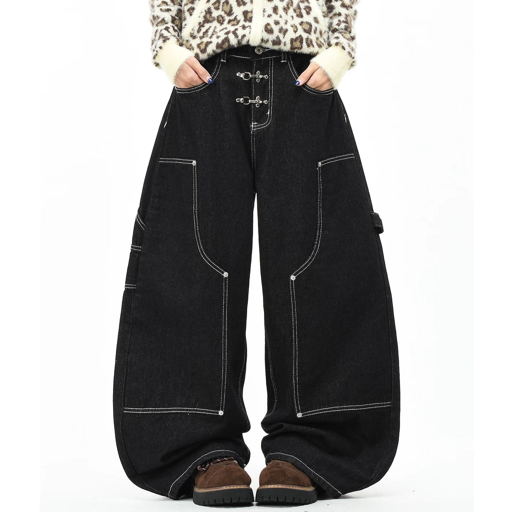 OV original American style cool airplane buckle design jeans for men and women, loose wide leg tannins, original cow pants, trendy