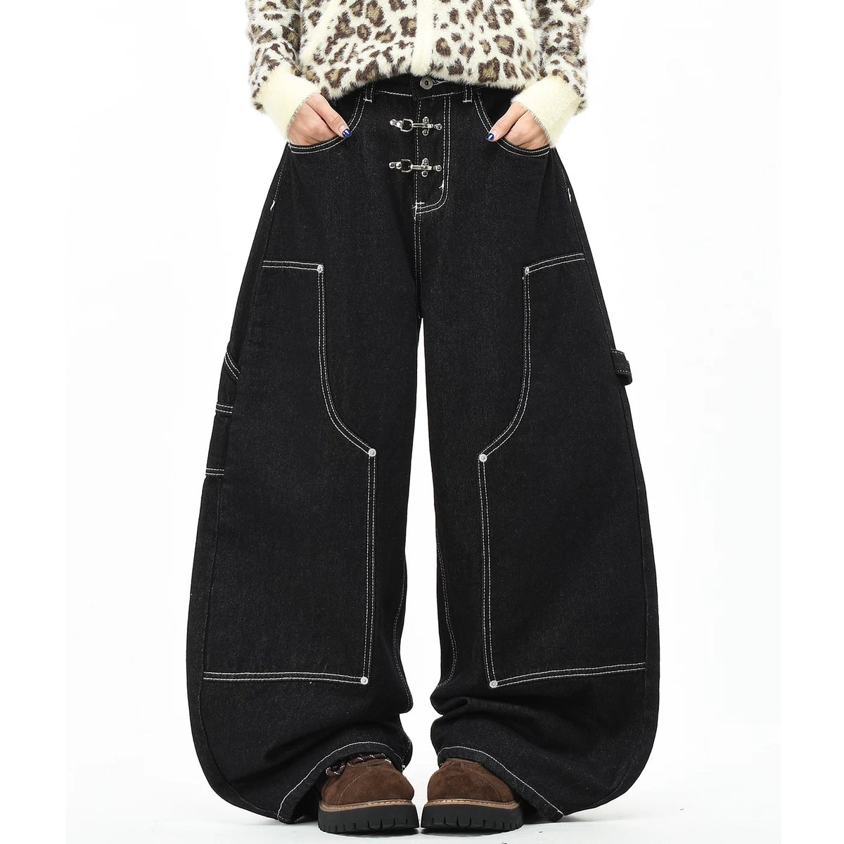 OV original American style cool airplane buckle design jeans for men and women, loose wide leg tannins, original cow pants, trendy