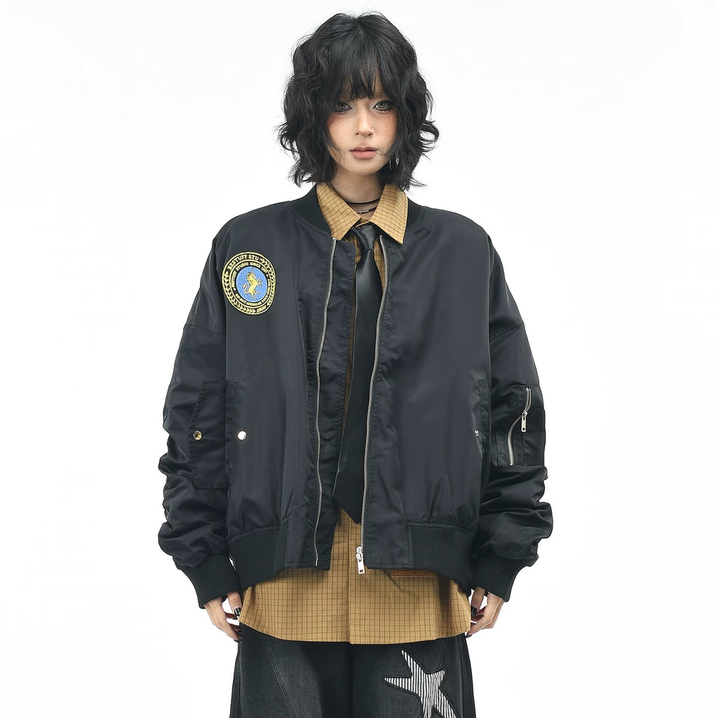 OV original American retro label embroidered baseball jacket for women, autumn loose casual pilot jacket for men, trendy