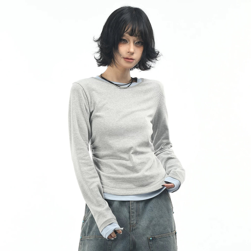 OV original/American retro fake two-piece striped long sleeved T-shirt for women in autumn, shoulder length short, waist cinching and slimming base shirt