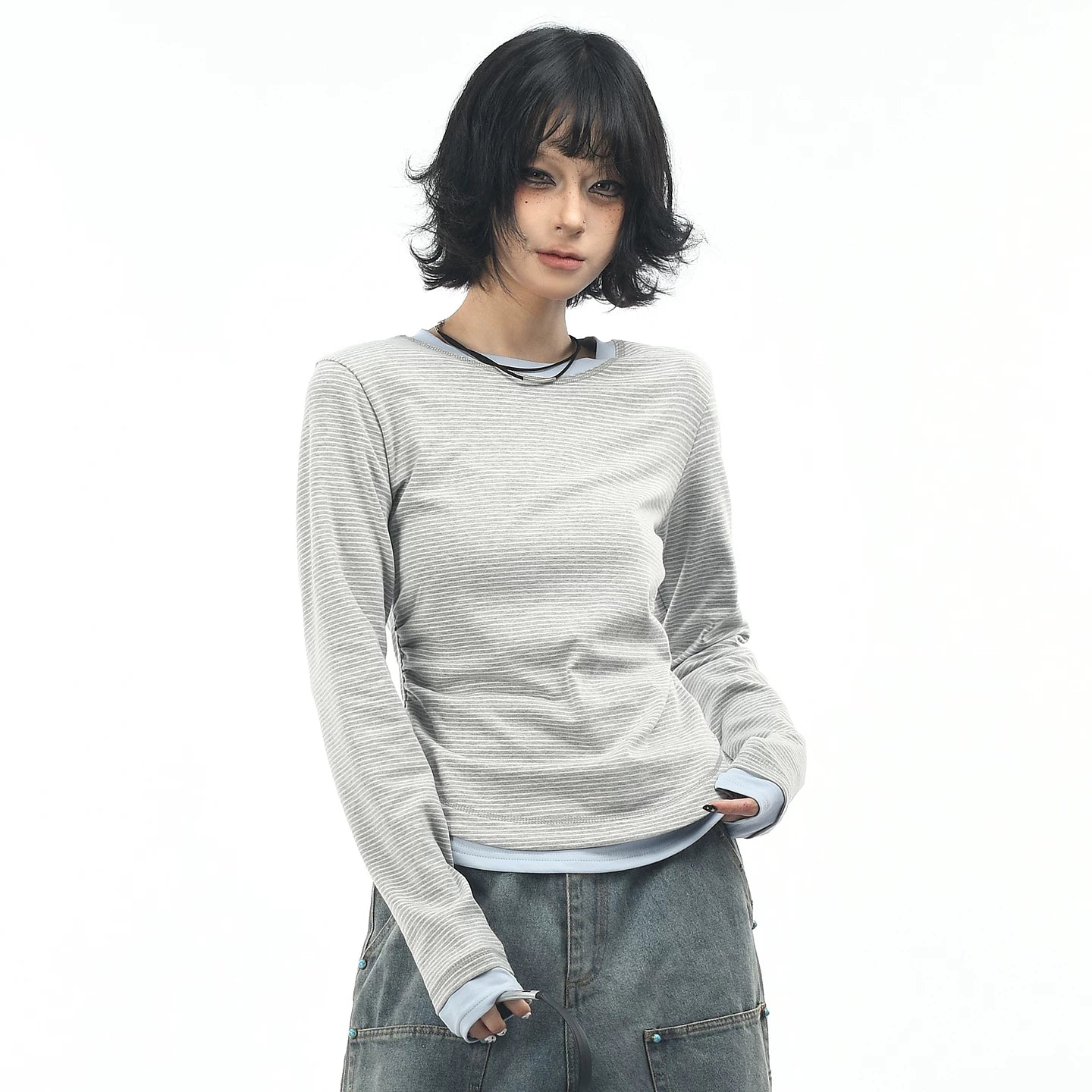 OV original/American retro fake two-piece striped long sleeved T-shirt for women in autumn, shoulder length short, waist cinching and slimming base shirt