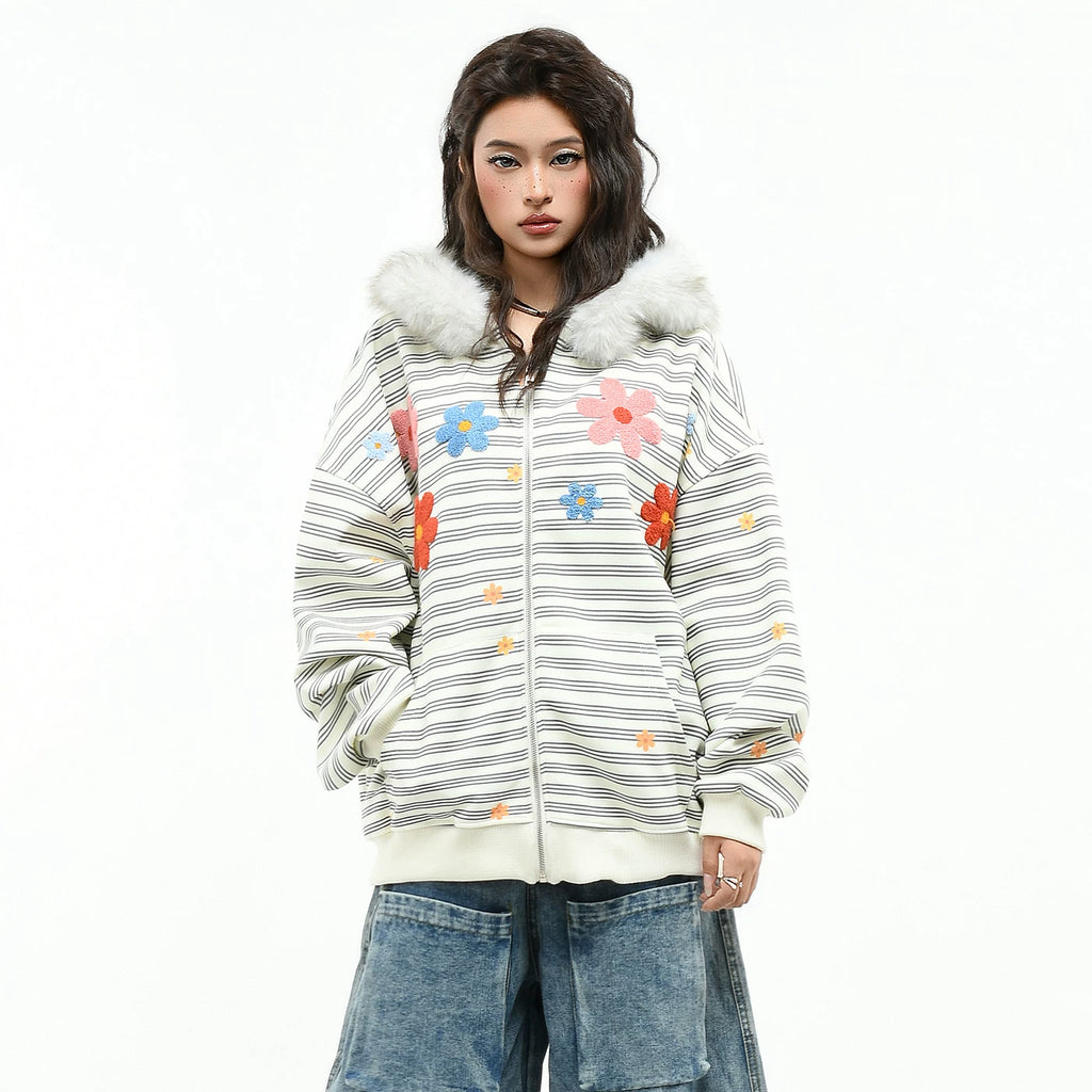 OV original Korean striped flower plush embroidery hooded sweatshirt for men and women in autumn loose fur collar cardigan jacket trend