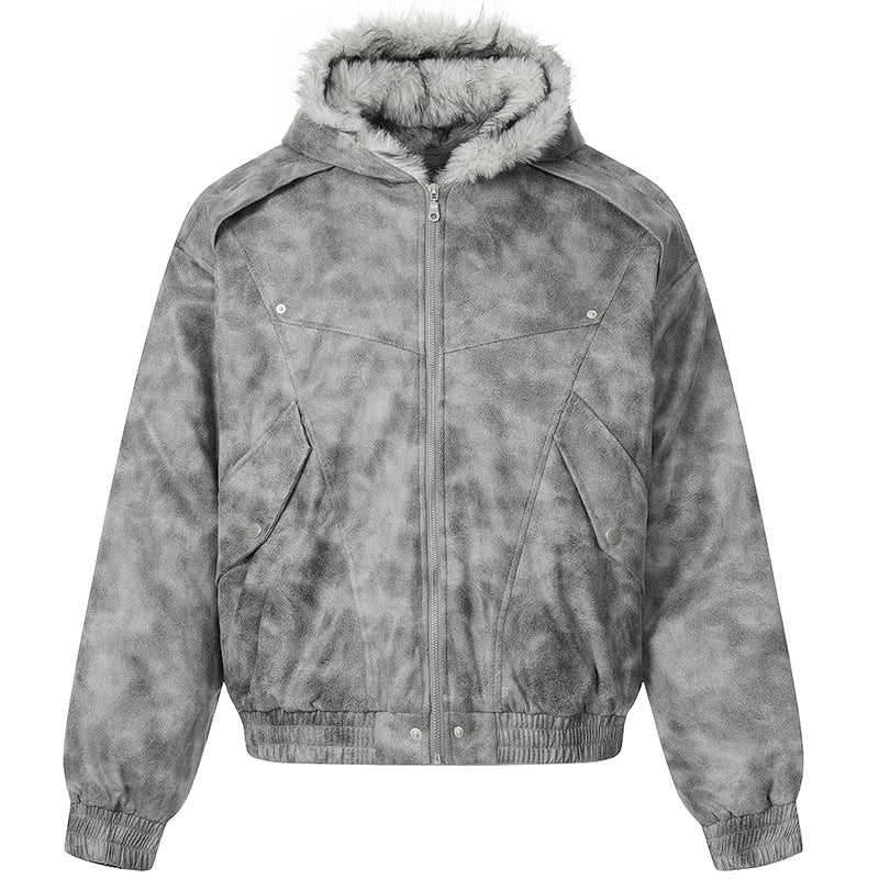 OV original American tie dye mountain carving hooded cotton jacket for women in winter retro loose couple warm cotton clothes trend