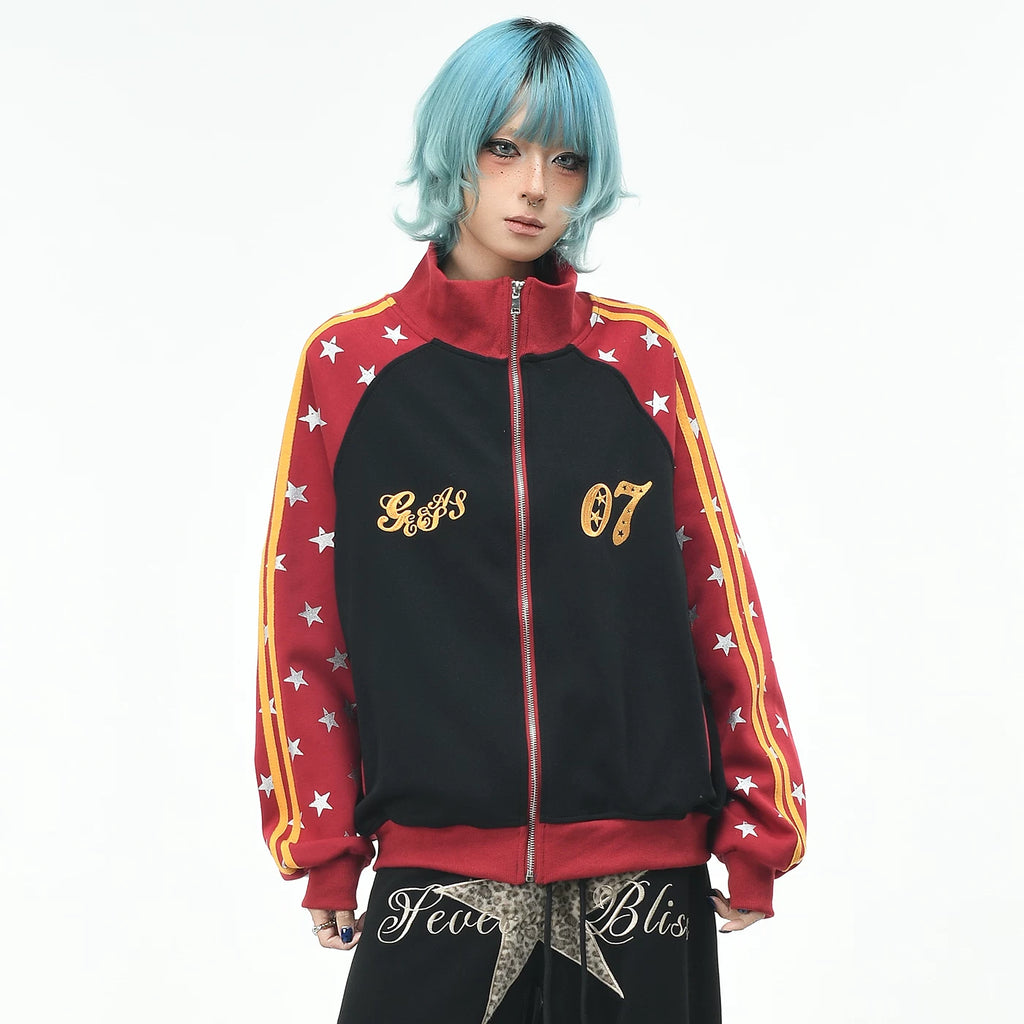 OV original retro pentagram printed raglan cardigan sweatshirt for men and women in autumn, loose contrasting color zipper jacket trendy