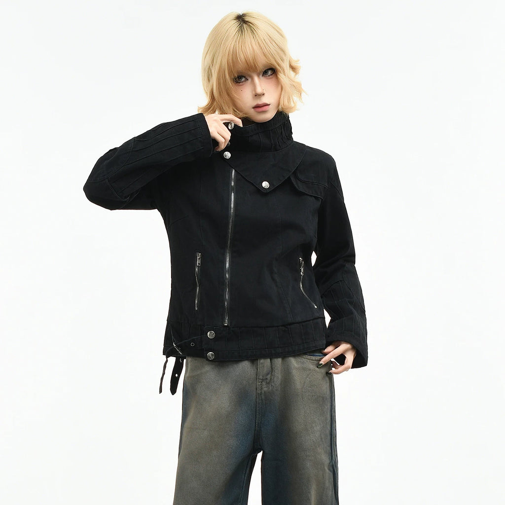 OV original American punk rivet distressed washed stand up collar jacket for women in spring Abi style short motorcycle jacket trend