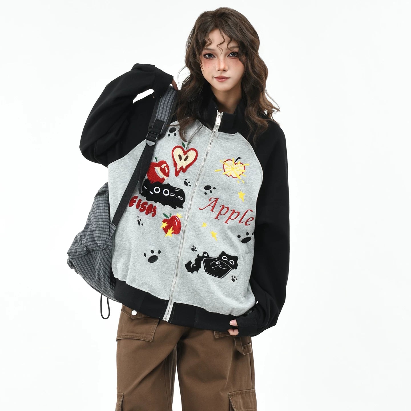 OV original fun cartoon towel embroidery cardigan zipper sweatshirt women's autumn contrasting color couple loose stand up collar jacket
