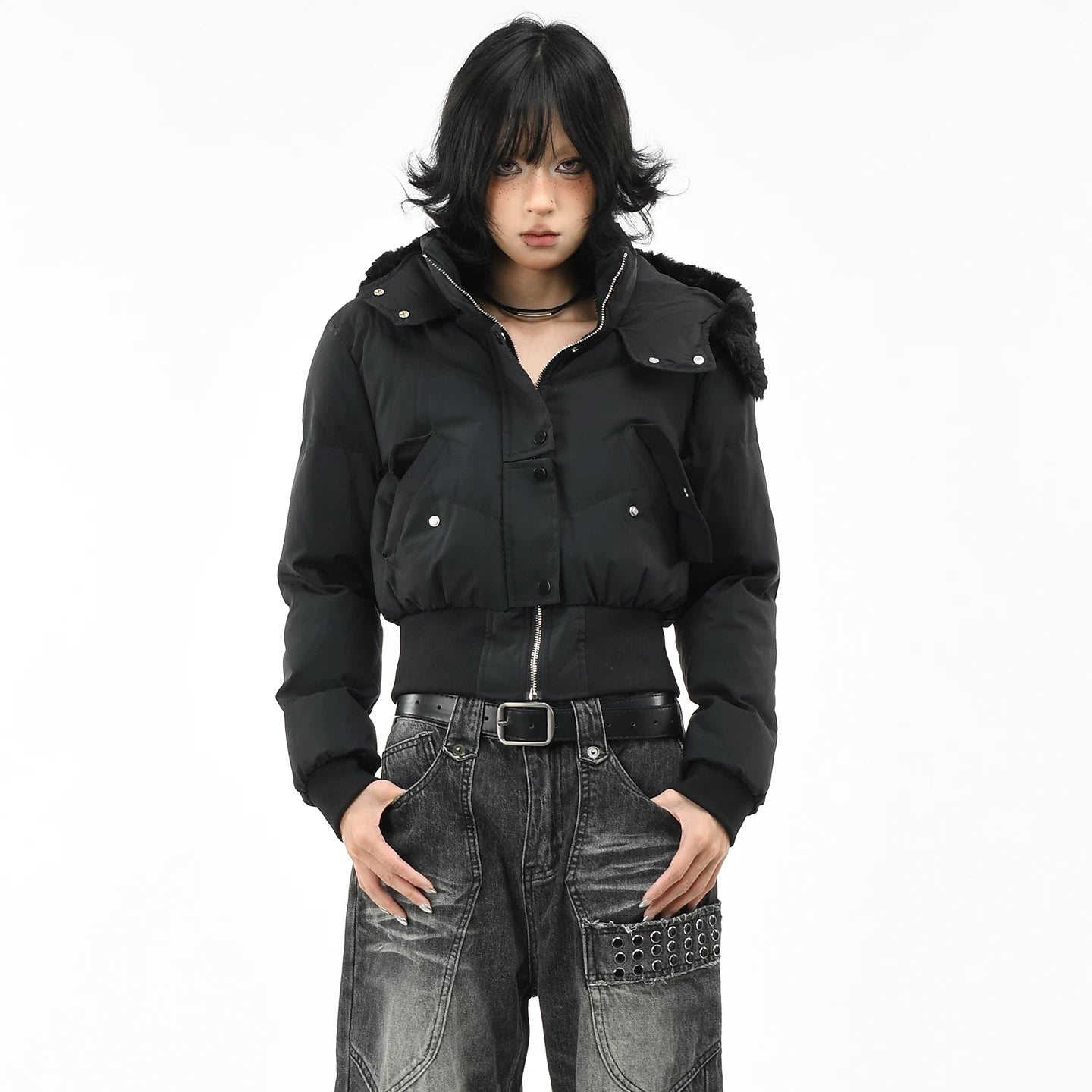 OV original American style widened thread waist design hooded cotton jacket women's winter short style slimming cotton jacket
