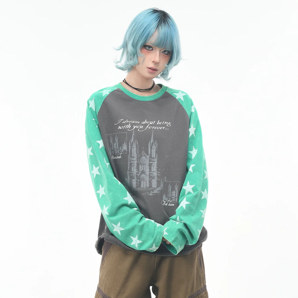 OV original/street hip-hop raglan sleeve contrasting long sleeved T-shirt for men and women in autumn fashion, loose vintage washed top