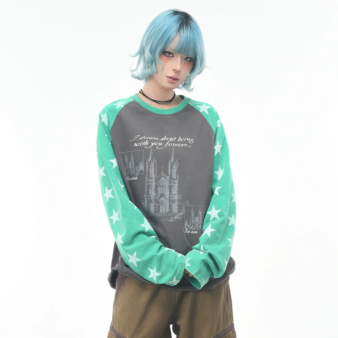 OV original/street hip-hop raglan sleeve contrasting long sleeved T-shirt for men and women in autumn fashion, loose vintage washed top