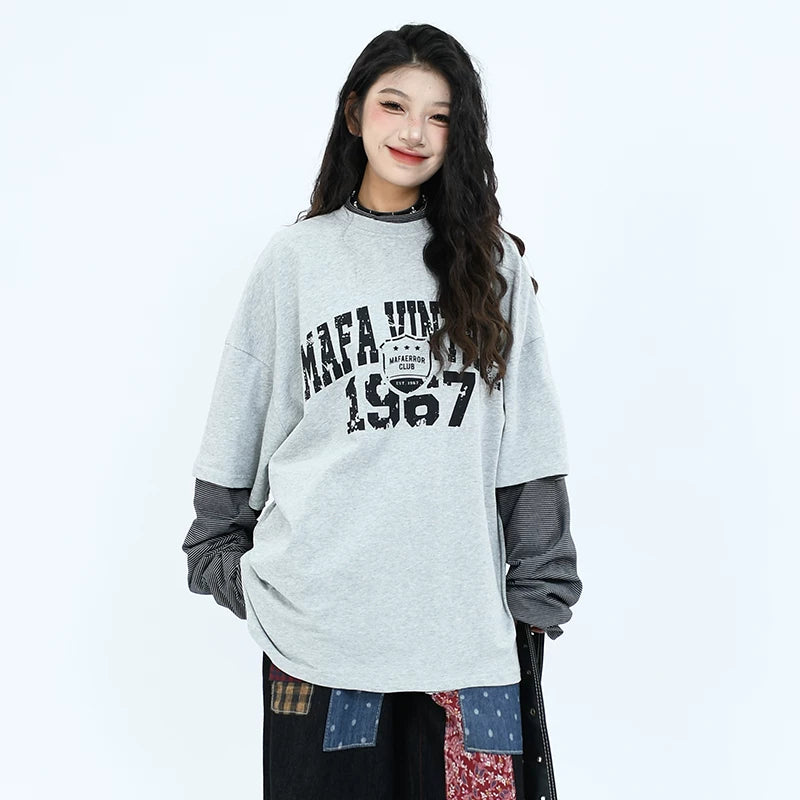 OV Original/Spring American Retro Fake Two Piece Splicing Small High Collar Long Sleeve T-shirt for Men and Women, Uniquely Loose Top Trendy
