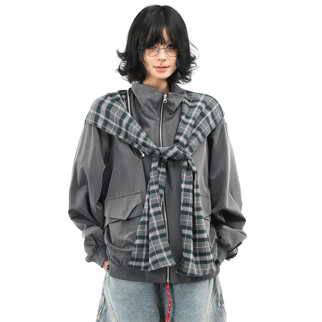 OV original American retro plaid shawl detachable design jacket for men and women autumn loose shaped hat jacket trend