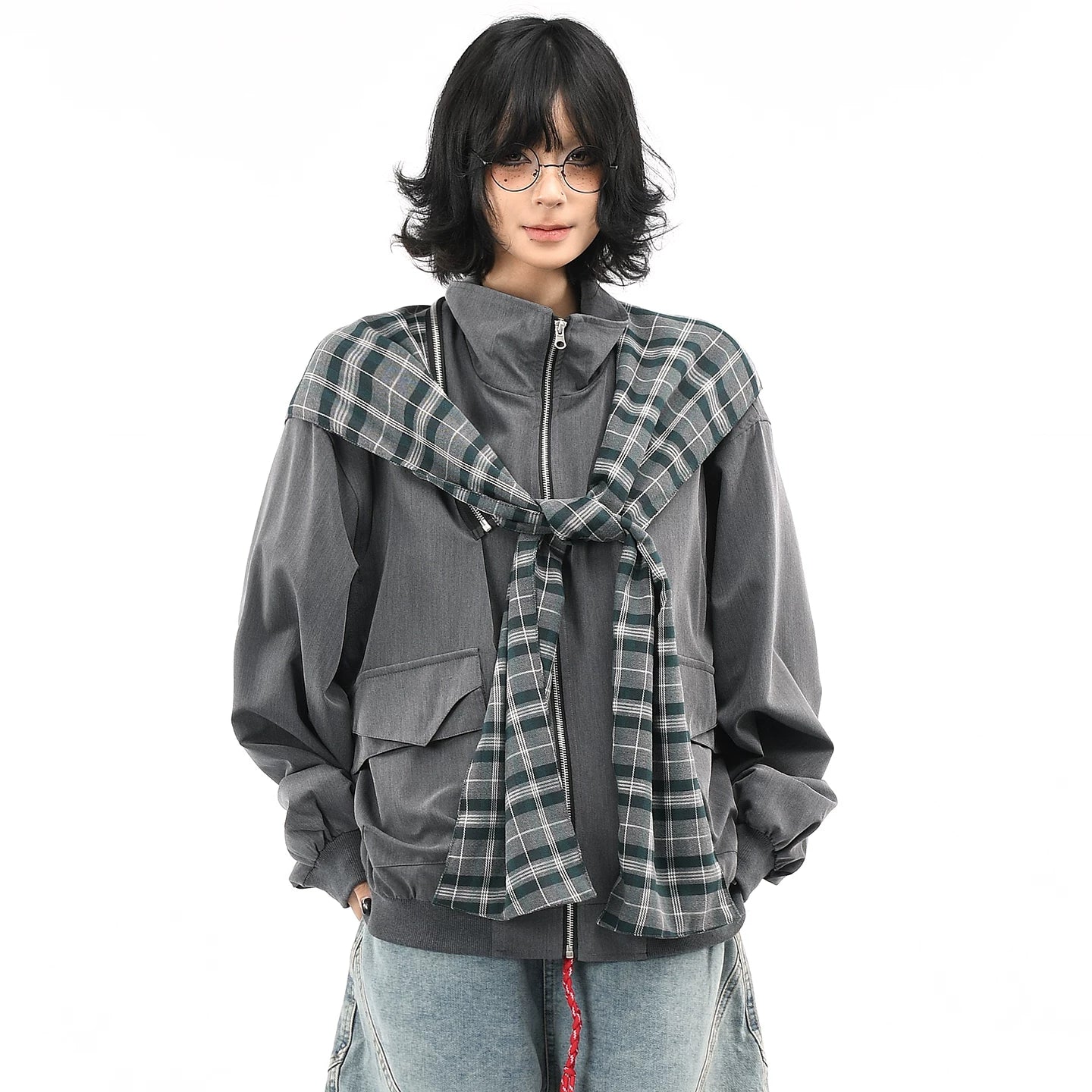 OV original American retro plaid shawl detachable design jacket for men and women autumn loose shaped hat jacket trend