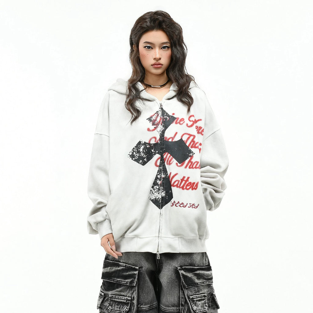 OV original American cross print dirty dye vintage hooded sweatshirt for men and women autumn street loose cardigan jacket