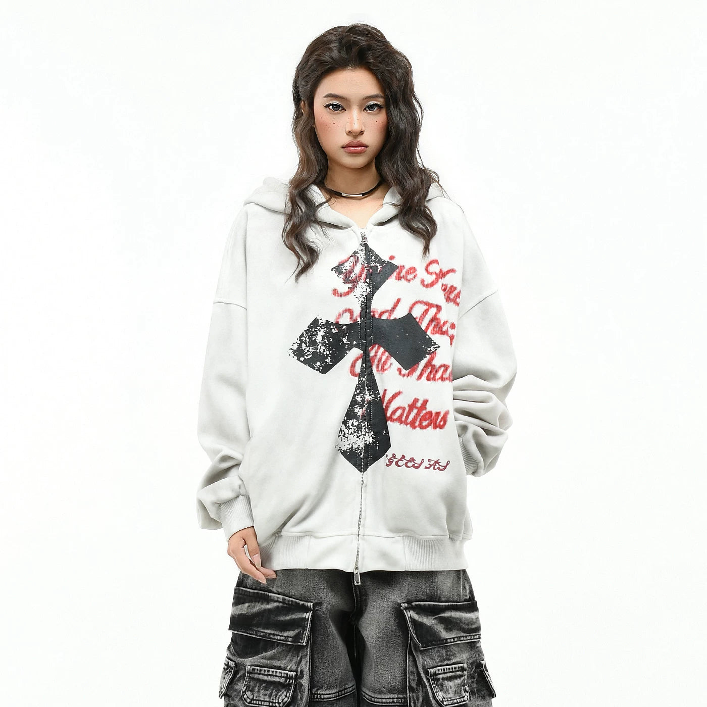 OV original American cross print dirty dye vintage hooded sweatshirt for men and women autumn street loose cardigan jacket