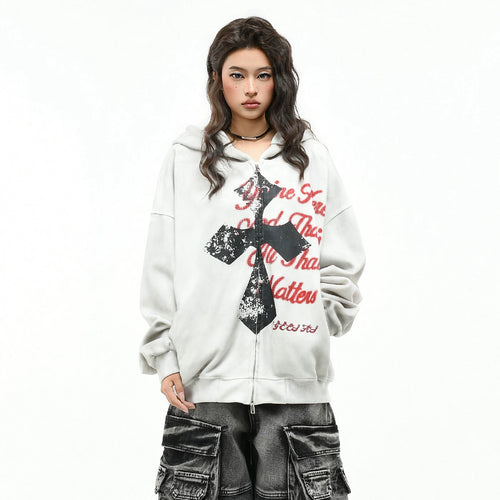 OV original American cross print dirty dye vintage hooded sweatshirt for men and women autumn street loose cardigan jacket