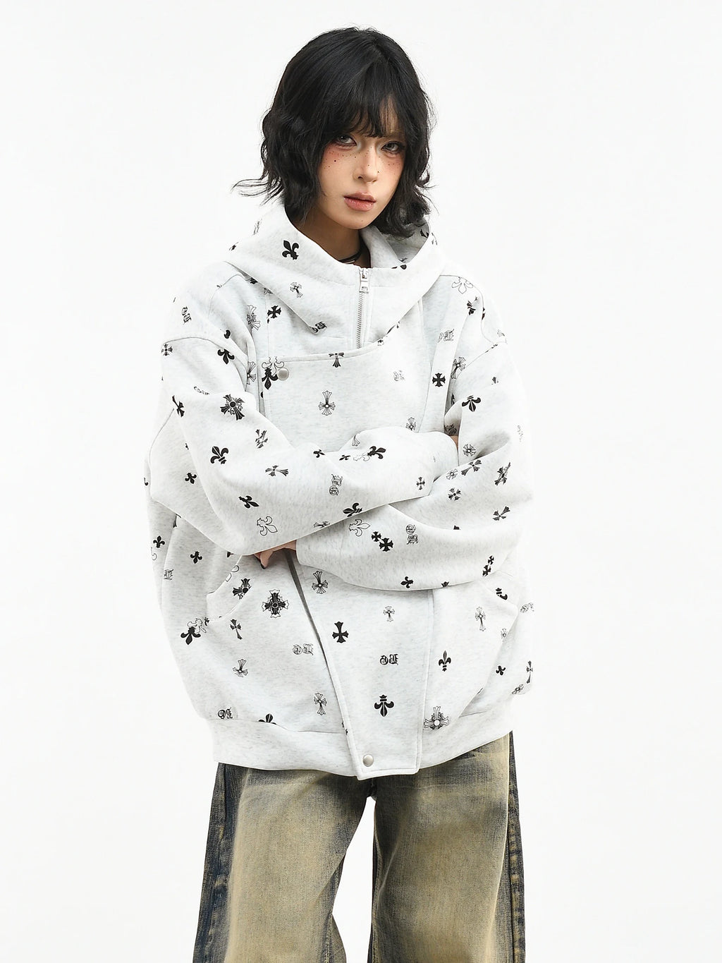 OV original American Gothic style cross full print hooded sweatshirt for women's spring loose zipper cardigan jacket for men's fashion