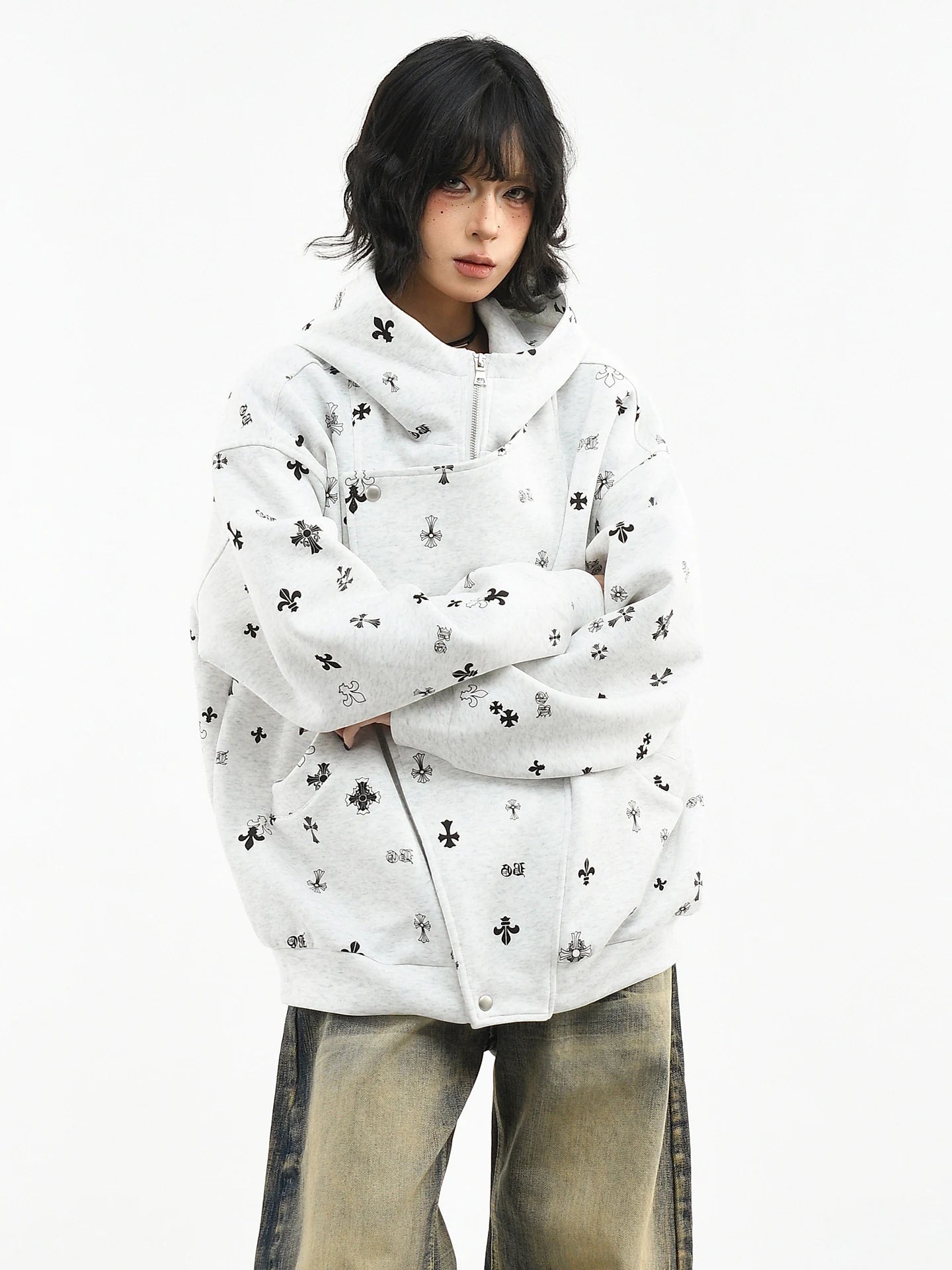 OV original American Gothic style cross full print hooded sweatshirt for women's spring loose zipper cardigan jacket for men's fashion