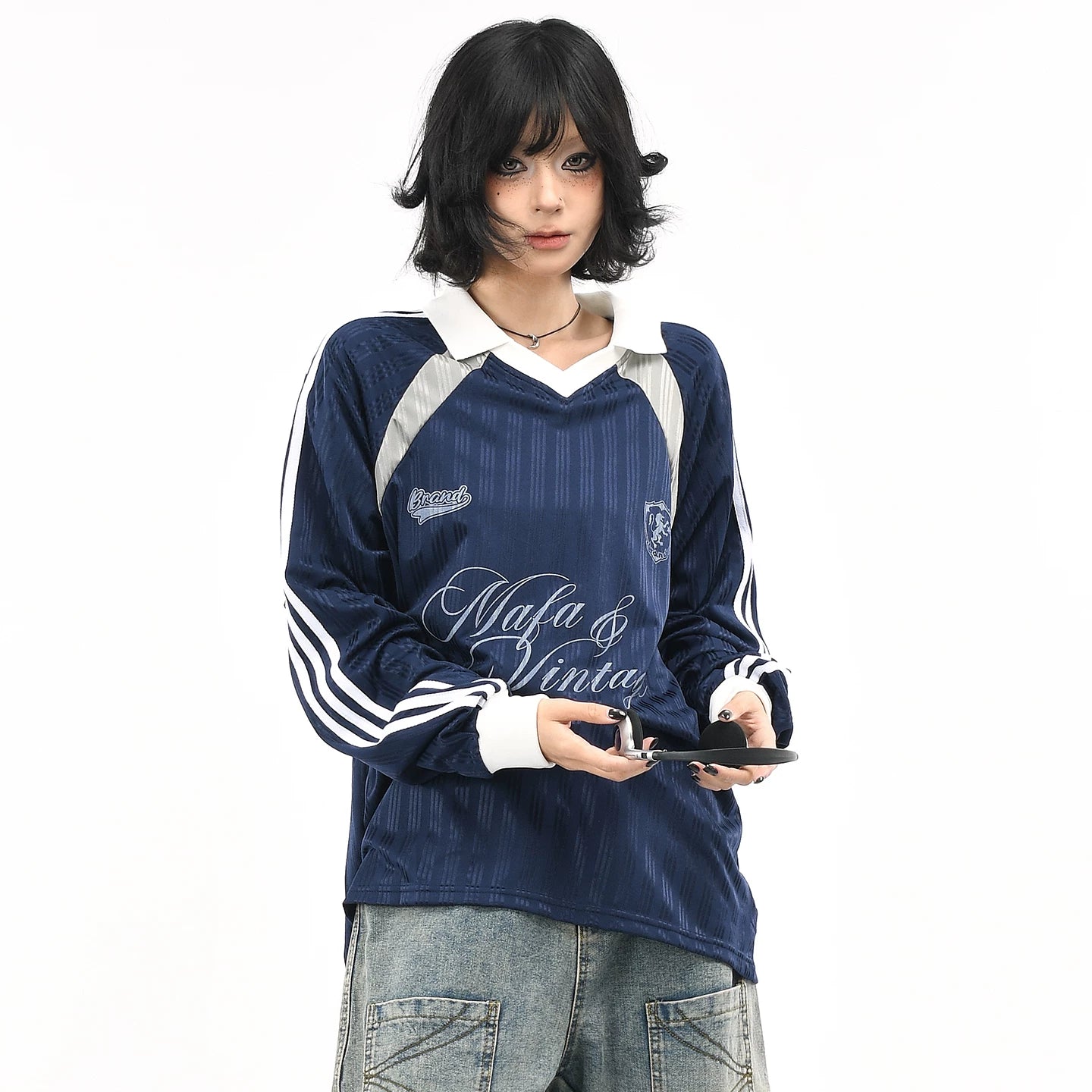 OV original American retro nail bead design letter sports long sleeved T-shirt women's autumn trend brand loose V-neck jersey trend