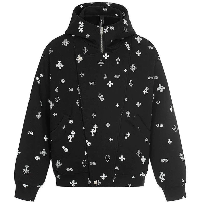OV original American Gothic style cross full print hooded sweatshirt for women's spring loose zipper cardigan jacket for men's fashion