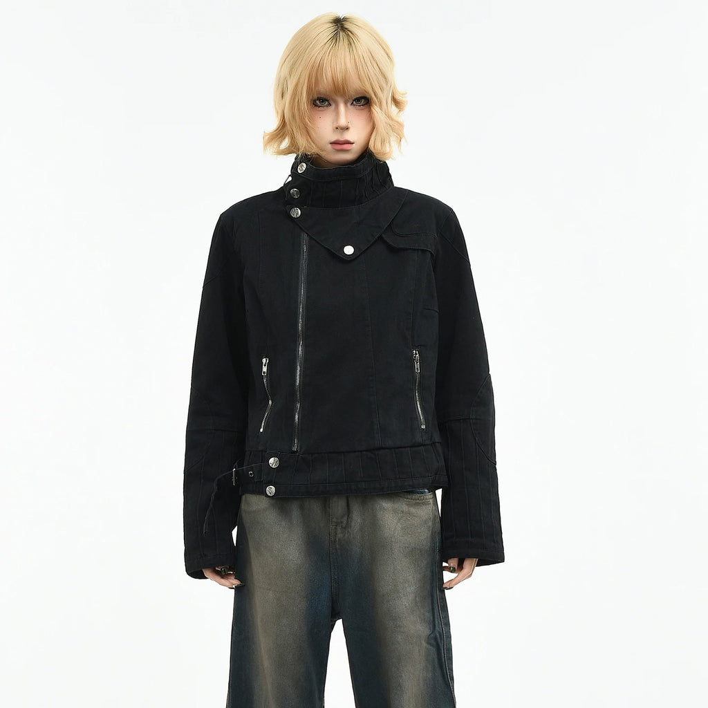 OV original American punk rivet distressed washed stand up collar jacket for women in spring Abi style short motorcycle jacket trend