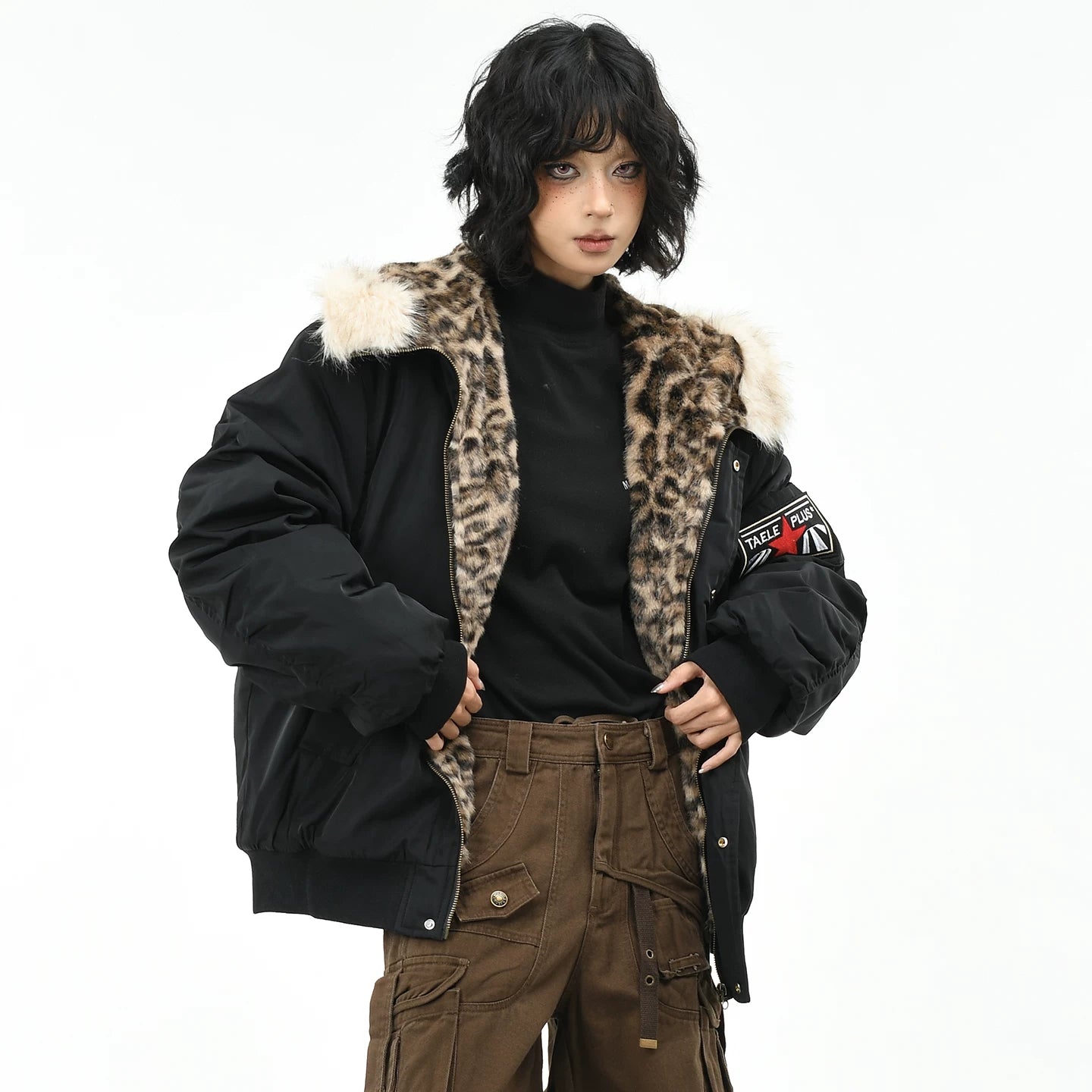 OV original American leopard print mountain carved fur collar hooded cotton jacket for women in winter, loose fitting cotton jacket for men, flying cotton jacket