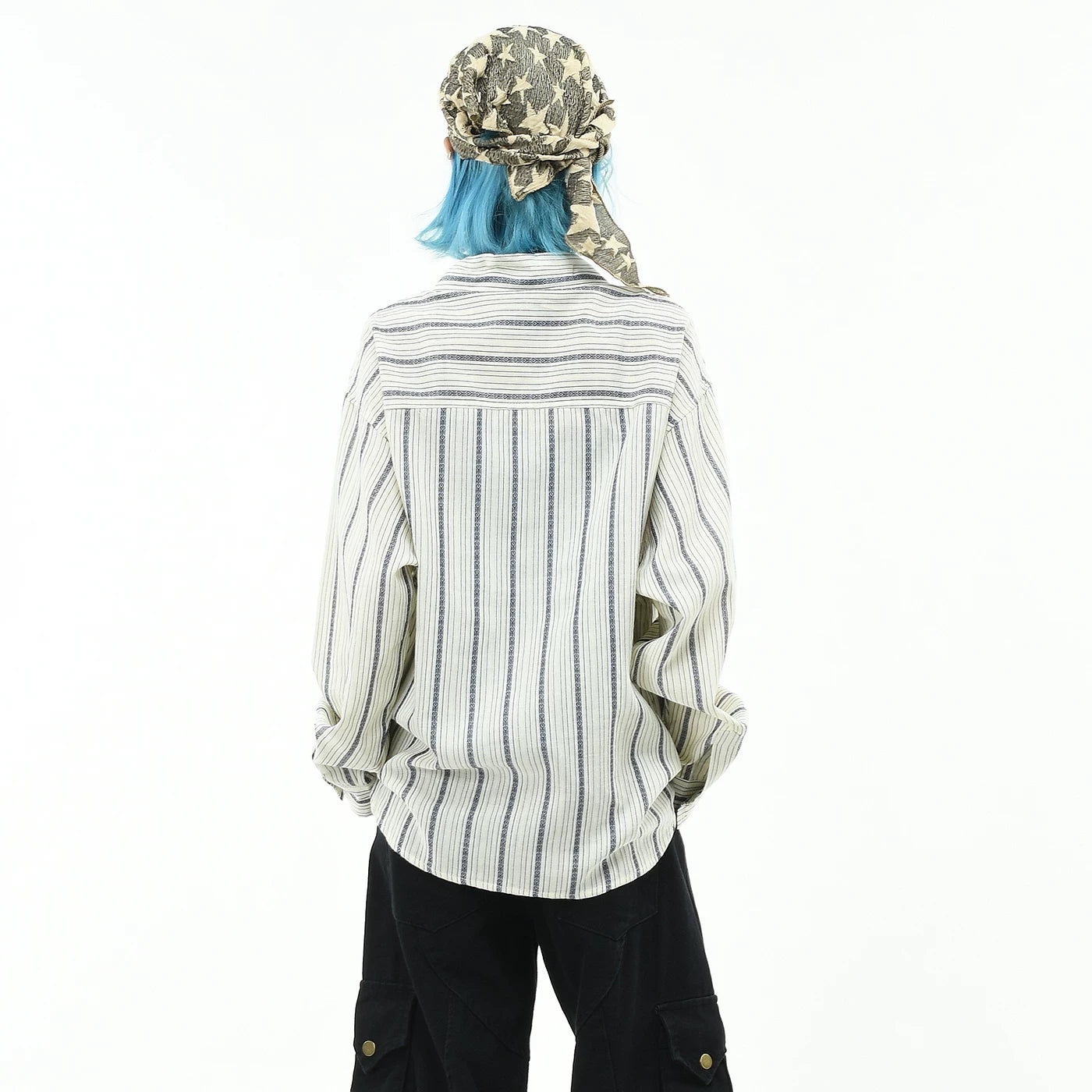 OV original retro striped contrasting yuppie long sleeved shirt for men and women in autumn, loose and irregular button design shirt trend