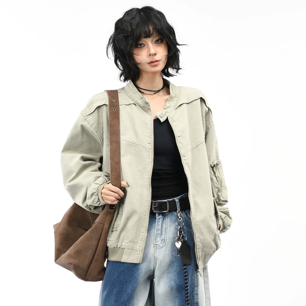OV original American retro washed distressed stand up collar workwear jacket for men and women, autumn street loose casual jacket trend