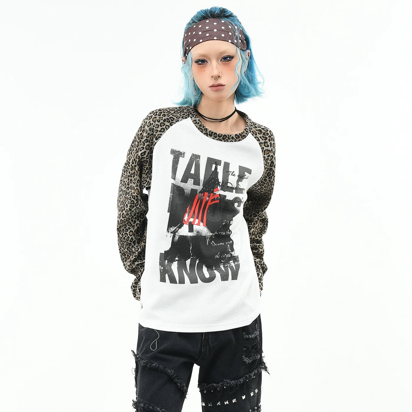 OV original/subculture leopard print raglan sleeve patchwork long sleeved T-shirt for men's autumn loose waffle style spicy girl top for women