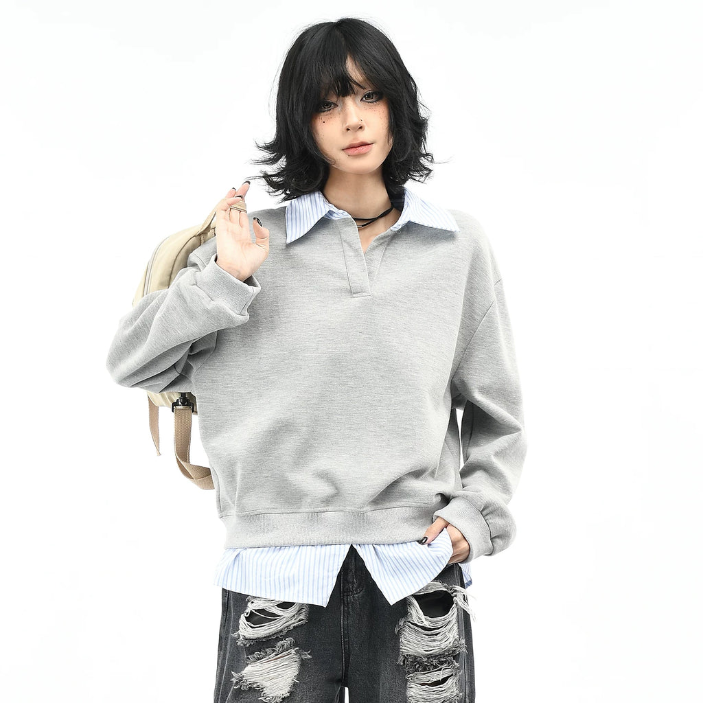 OV original American college style fake two-piece striped patchwork lapel sweatshirt for women's autumn loose casual long sleeved top