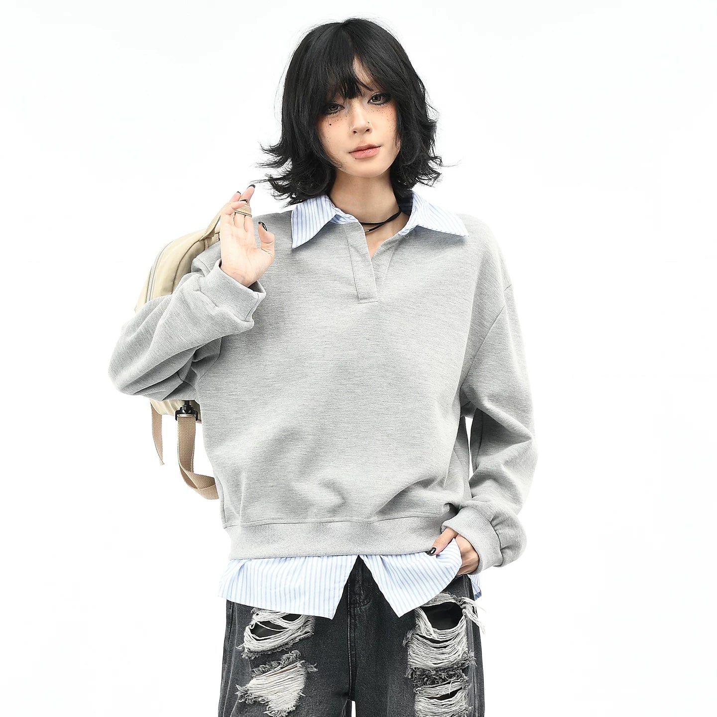 OV original American college style fake two-piece striped patchwork lapel sweatshirt for women's autumn loose casual long sleeved top
