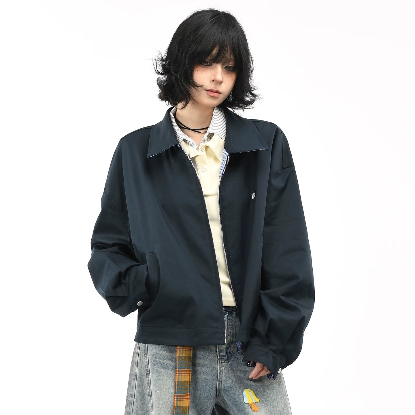 OV original American retro plaid double-sided jacket for men and women in autumn, small and loose casual short jacket trend