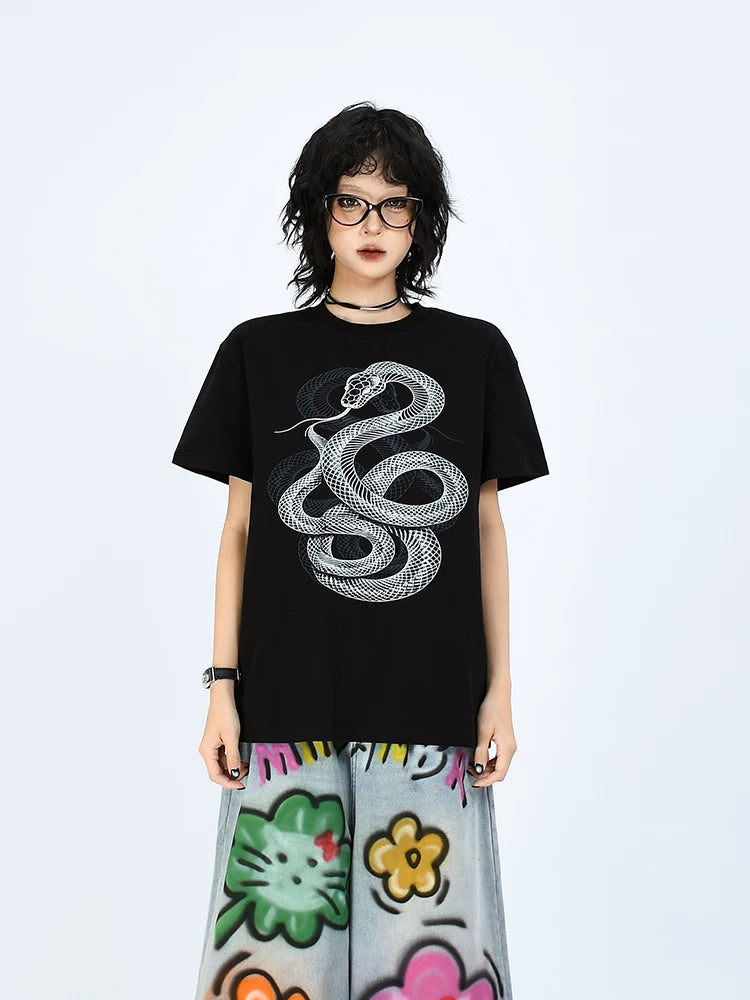 OV Original/Summer China-Chic Year of the Snake Limited 3D Printed Short Sleeve T-shirt Boy and Girl's box shaped Straight Shoulder Slim Top