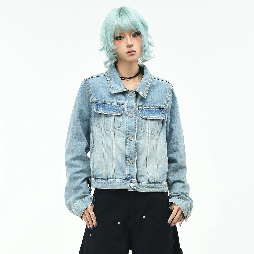 OV original high street retro deconstruction washed denim jacket women's autumn short slim fit jacket blue high-end trendy feeling