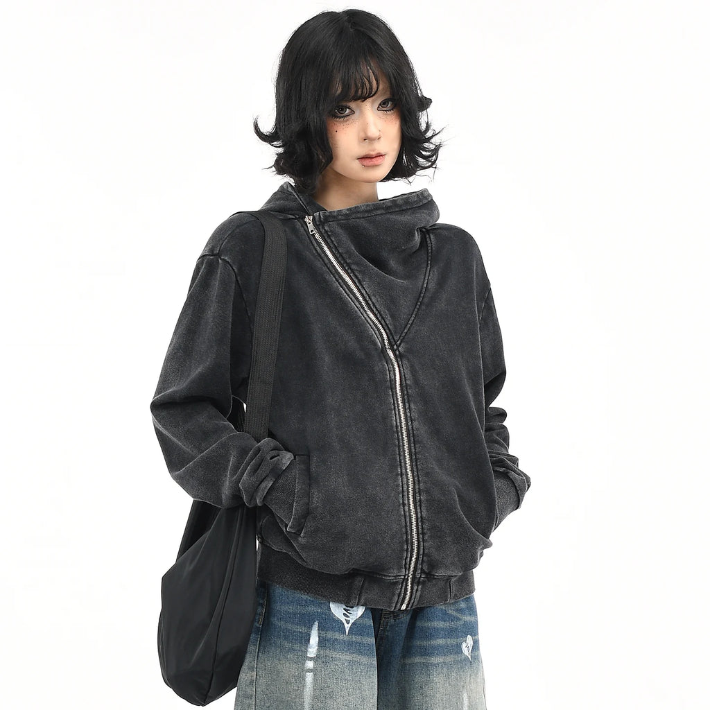 OV original American retro vintage washed short hooded sweatshirt for women in autumn, loose diagonal zipper cardigan jacket trendy