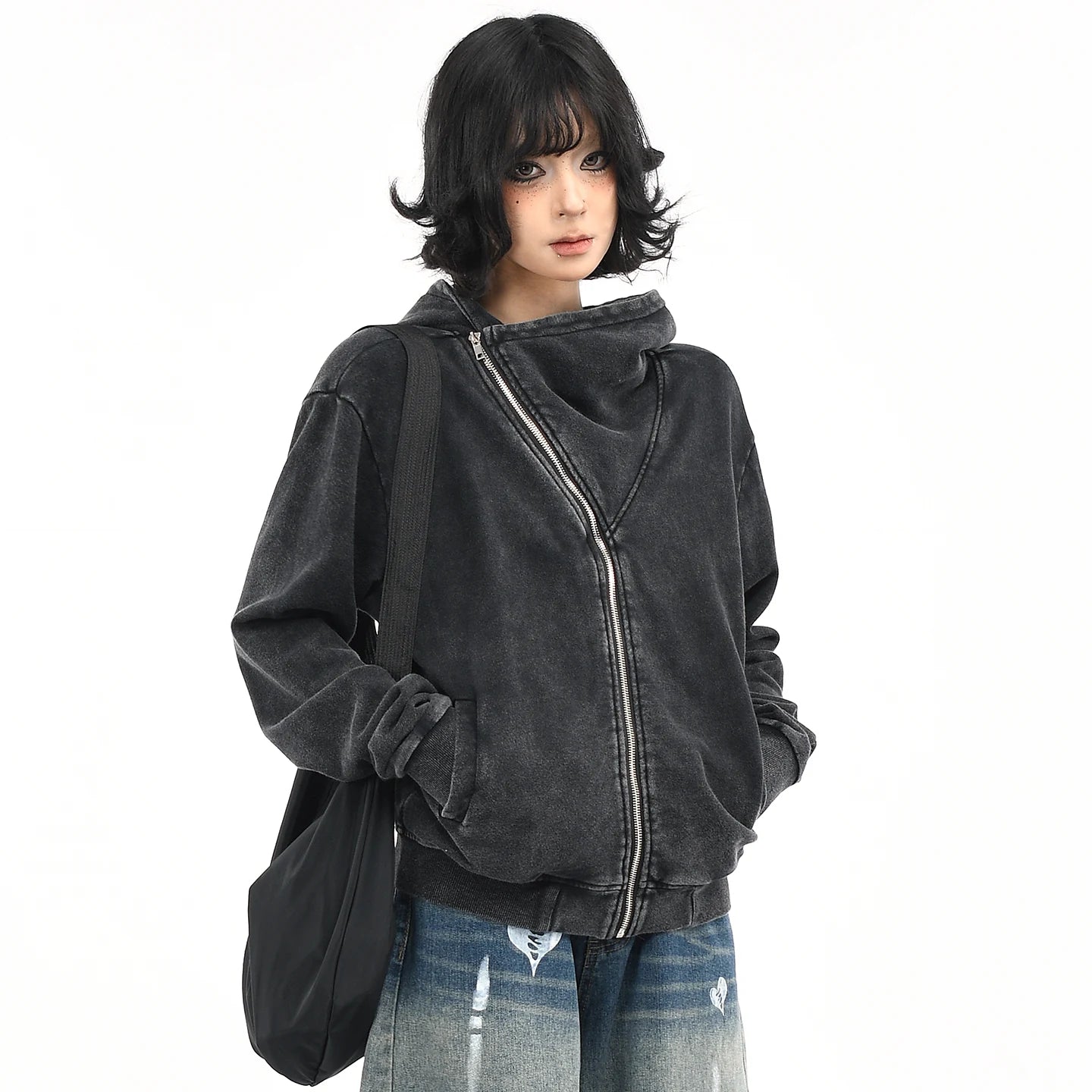 OV original American retro vintage washed short hooded sweatshirt for women in autumn, loose diagonal zipper cardigan jacket trendy