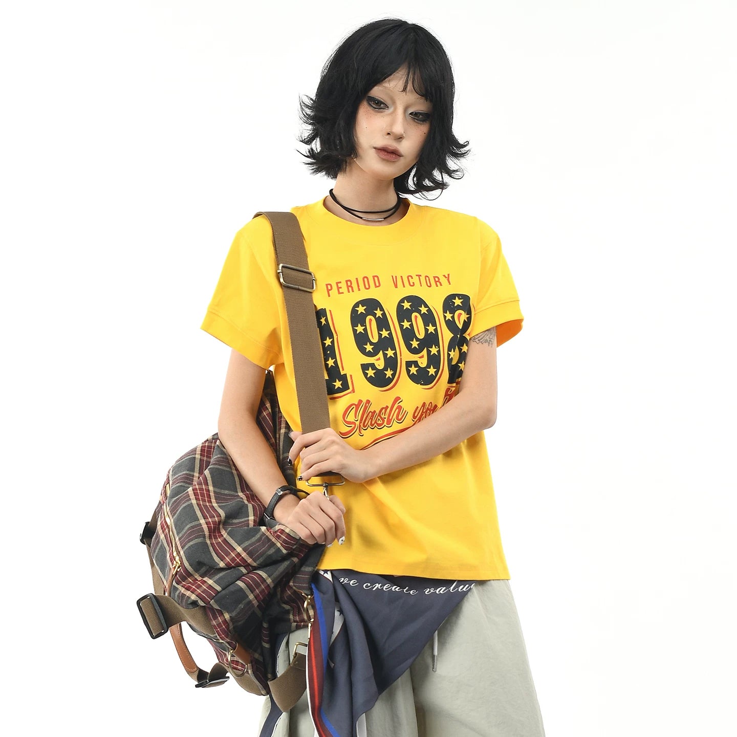 OV Original/American 1998 Retro Star Printed Short sleeved Women's Summer Front Shoulder Short Style Solona Cool T-shirt Trendy